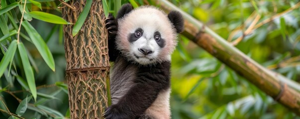 Obraz premium Cute baby panda climbing a bamboo tree, lush green background, wildlife innocence