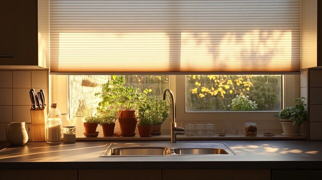 Block-out cellular blinds in a traditional-style kitchen, partially open, casting a delicate shadow pattern on the countertops