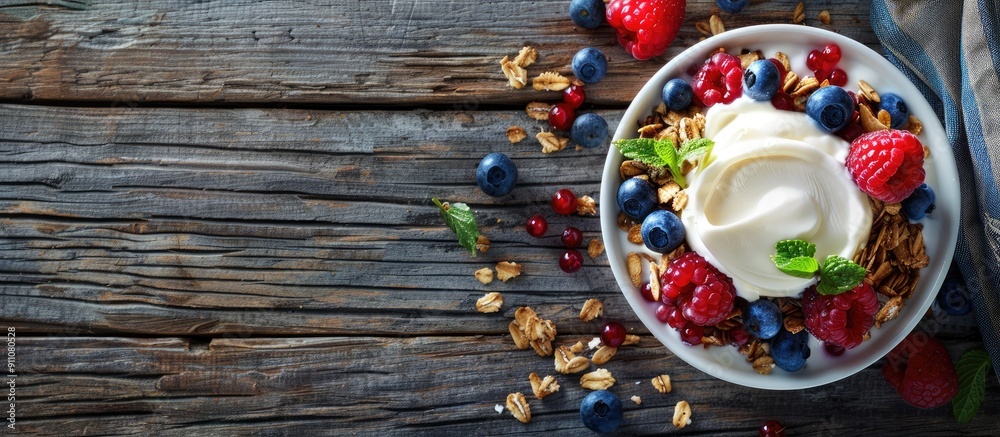 Sticker Delicious dessert featuring granola yogurt and berries on a rustic wooden surface A banner layout is included providing room for text in the image. Copy space image. Place for adding text and design