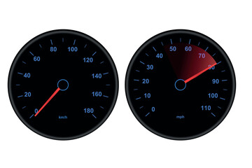 Vector illustration of a blue speedometer on a black background