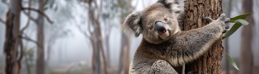 Obraz premium Baby koala hugging a eucalyptus tree, misty forest backdrop, endearing wildlife