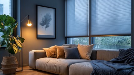 Obraz premium Block-out cellular blinds in a chic studio apartment, closed to create a calm and serene atmosphere during a rainy afternoon