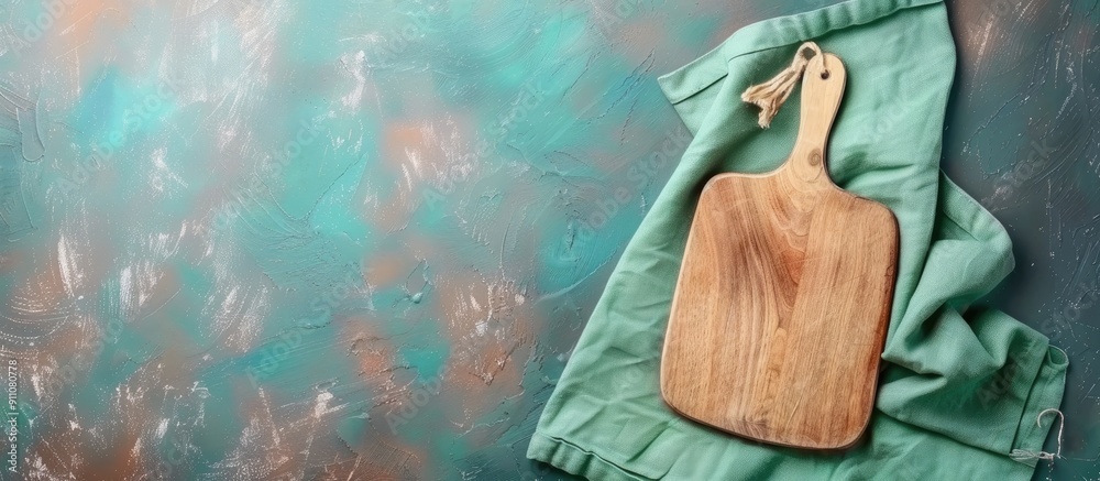 Poster top view of cutting board with napkin on color background with empty space for writing image or text