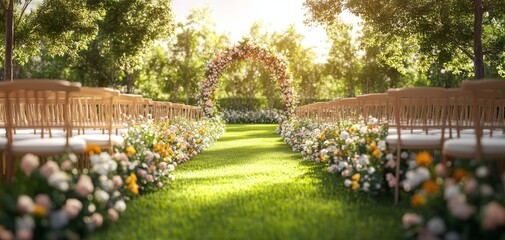 Beautiful outdoor wedding setup with flower-decorated arch and chairs, sunlit garden path ready for a romantic ceremony. Design a memorable marriage entrance that complements your lawn setting