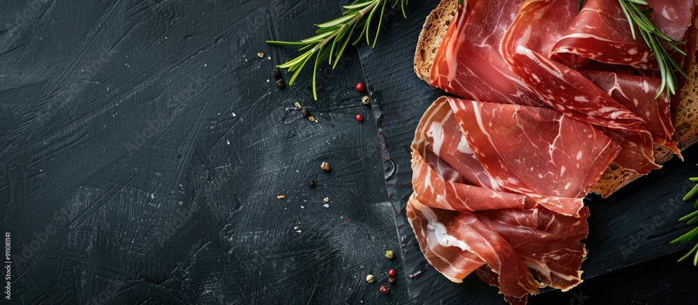 Canvas Prints Italian prosciutto or Spanish jamon with bread rosemary on a black wooden table with copy space image available