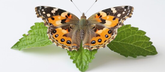 Obraz premium A Painted Lady butterfly rests on a green catnip leaf with a white backdrop ideal for a copy space image