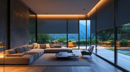 High-tech smart home with automated blackout cellular shades, controlled via a mobile device, adjusting to the evening light