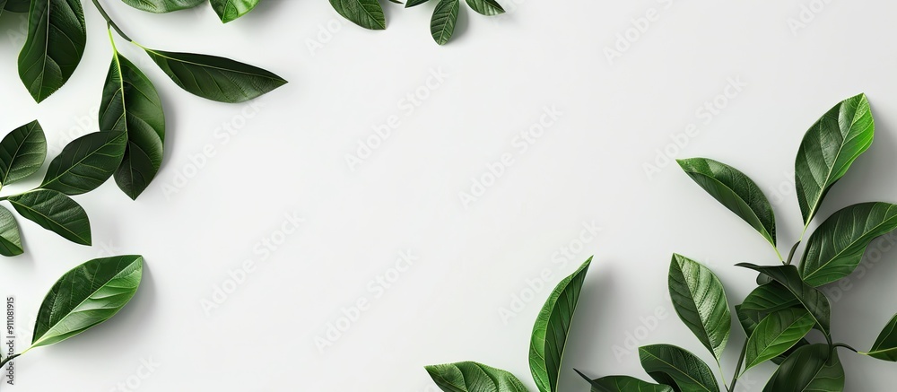 Canvas Prints a minimal style copy space image featuring fresh green leaves on a white paper surface