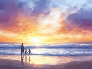 Fototapeta premium Family enjoying a peaceful sunrise on a tranquil beach, soft sand, gentle waves, unwinding and creating lasting memories