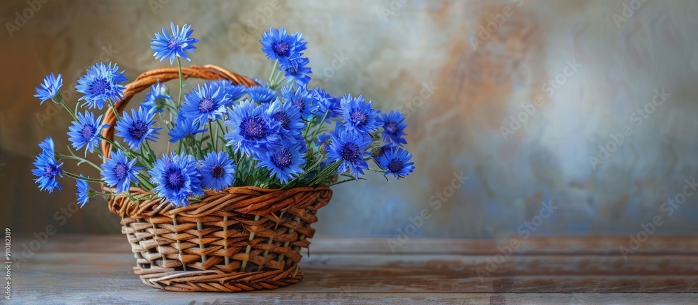 Sticker Blue cornflower bouquet in a rustic basket representing summer on a greeting card with room for text or image ideal for congratulatory messages. Copy space image. Place for adding text and design