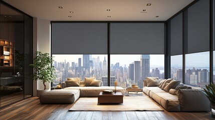 Urban apartment with a stunning cityscape view, windows featuring blackout cellular shades to control light and enhance privacy