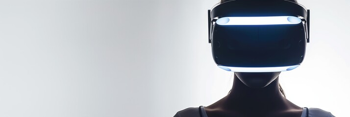A person wearing a futuristic virtual reality headset in a minimalist environment, representing modern technology and immersive experiences.