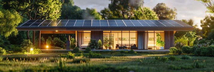 Obraz premium 3D rendering an idyllic house with solar panels, set against lush greenery sunlight, highlighting