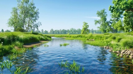 Quiet river with smooth water reflecting the first light of day, calm morning tranquility
