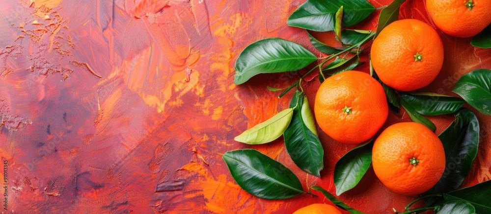 Poster top view of fresh ripe mandarins with green leaves on a colorful background with copy space image