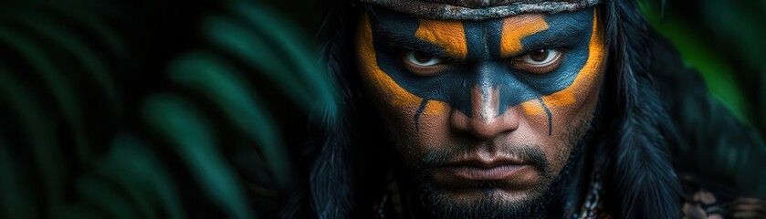 Intense portrait of a warrior with traditional face paint, surrounded by lush greenery, capturing cultural heritage and strength.