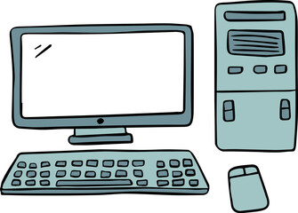 Fototapeta premium Hand drawn vector illustration of desktop computer with screen, mouse. IT technology, work from home, business connection concept. Isolated vector object, icon clipart