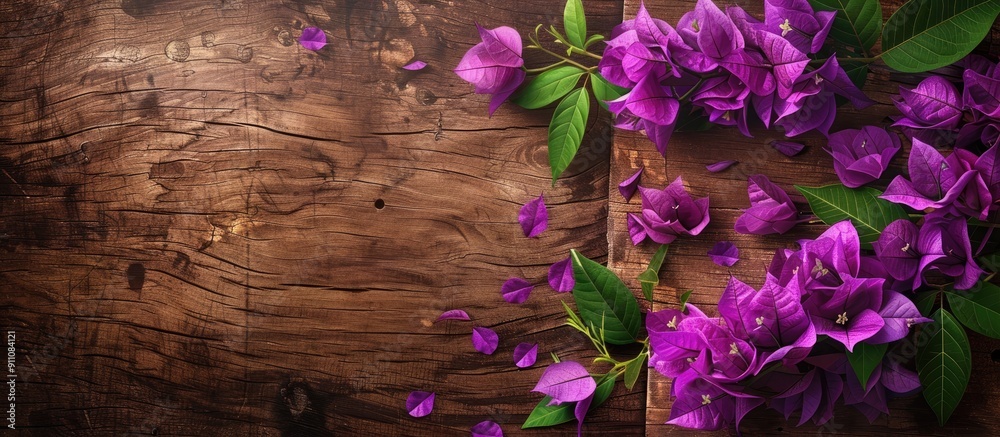 Canvas Prints Purple bougainvillea flowers in bloom with leaves on a wooden board in a copy space image