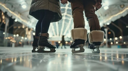 A couple skates hand in hand on an ice rink surrounded by beautiful lights