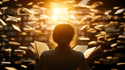 Mystical archive witch surrounded by floating books and scrolls rewriting with glowing ink lowangle shot magical atmosphere