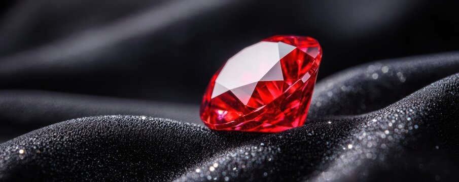 Close-up of a sparkling red ruby gemstone on black velvet.