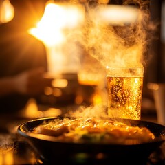 Nighttime izakaya friends animatedly talking over shared plates toasting sake energetic side shot vibrant atmosphere