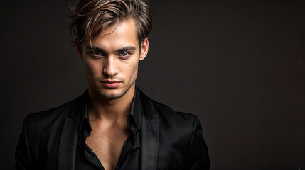 Young man in a black suit and shirt