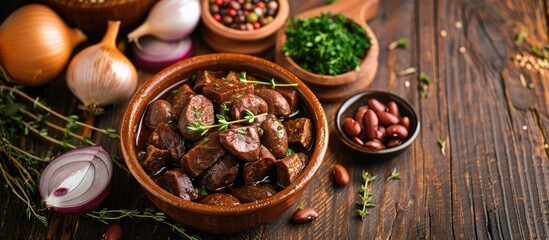 A rustic wooden kitchen table showcases a bowl of homemade vegan liver sausage made with kidney beans tofu onion and herbs with ingredients scattered around featuring copy space for an image