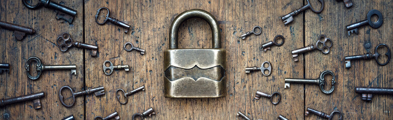 Antique door lock and old keys on a tree. Find your matching key to the lock. Concept and idea on the topic of security, history, protection, guard, secret, preservation, etc. Retro style.