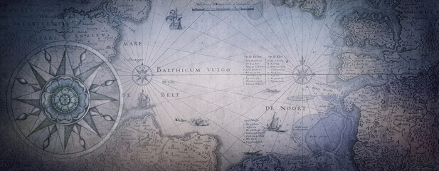 Old map collage background. A concept on the topic of sea voyages, discoveries, pirates, sailors,...