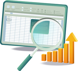 A computer, laptop, and magnifying glass displayed together, symbolizing analysis and data examination in an xls format