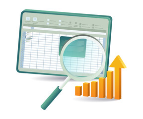 A computer, laptop, and magnifying glass displayed together, symbolizing analysis and data examination in an xls format