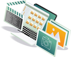 A laptop with a camera, film, and various items, alongside a folder, representing data and digital organization