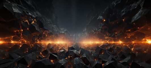 Futuristic corridor with glowing pathway.
A stunning depiction of a sci-fi corridor with dark, angular walls and a glowing pathway in the center, advanced technology and a journey into the unknown