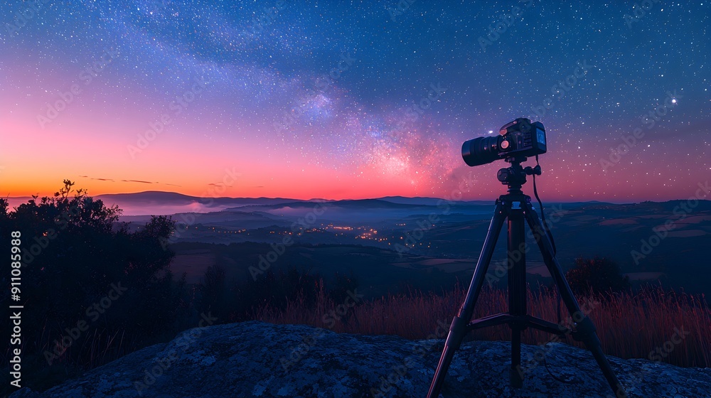 Wall mural Nighttime scene with a camera tripod set up to capture a panoramic view.