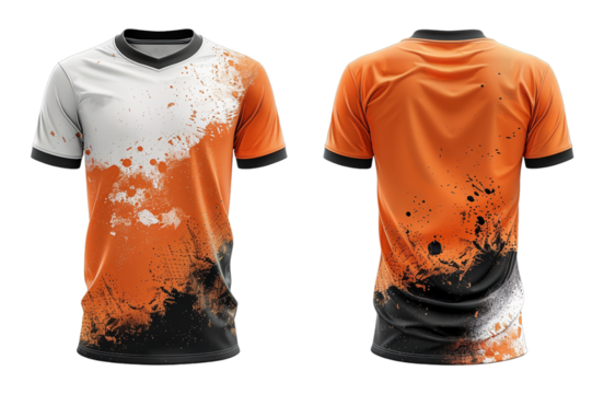 sports jersey uniform template with abstract pattern white orange and black, ai generated