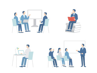 スキルアップのための研修や学習をするビジネスパーソンセット