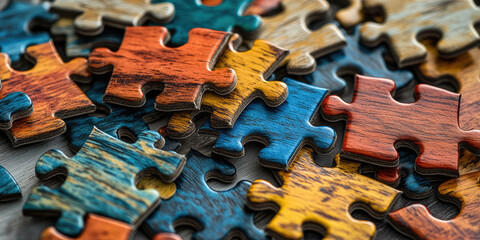 Creative background with wooden multicolored puzzles on the table, abstract wallpaper