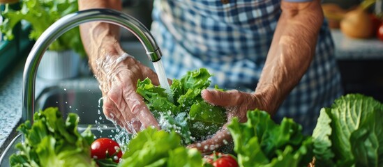 An older man rinsing lettuce and vegetables in the sink to make a nutritious salad for lunch with empty space for text or graphics Lifestyle theme. Copy space image. Place for adding text and design