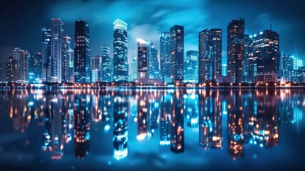 Obraz premium Breathtaking Image of a City Skyline at Night Featuring Vibrant Reflections on a Calm River