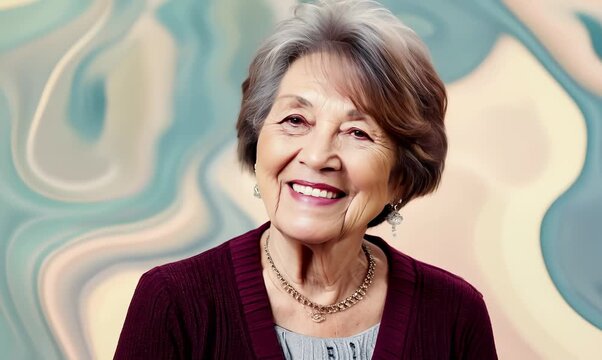 Portrait video of a happy Chinese woman in her 50s wearing a chic cardigan against an abstract background 