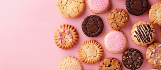 Fototapeta premium A variety of cookies arranged in a frame style on a pink background with copy space image