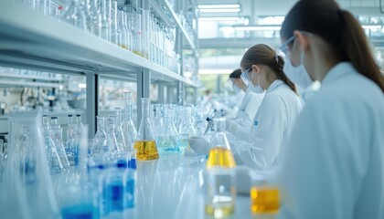 A stateoftheart laboratory with scientists in white coats working with advanced equipment and colorful chemical solutions