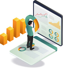 A man analyzing data on a tablet, presenting graphs to an audience