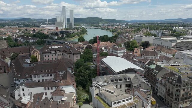 4K Drone Video of Skyline with Historic Churches in Basel, Switzerland (Truck Left)