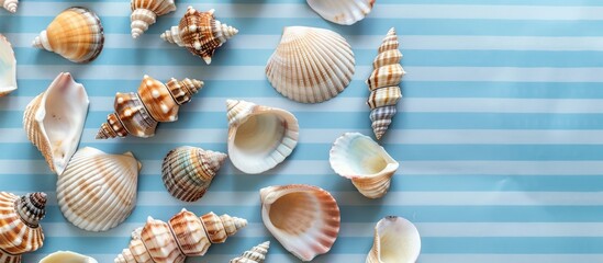 Top view of various seashells on a blue striped background with copy space image