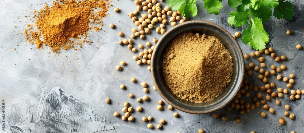 Canvas Prints Top view of a bowl with coriander powder surrounded by seeds placed on a light grey table with ample space for adding text or your copy space image