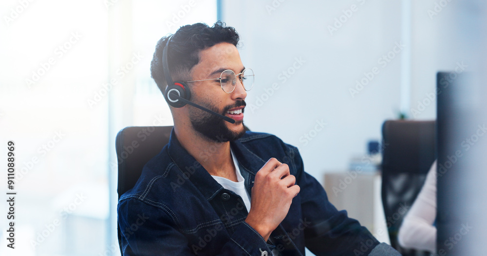 Poster call center, business man and consulting with customer support, advice and online consultation. offi
