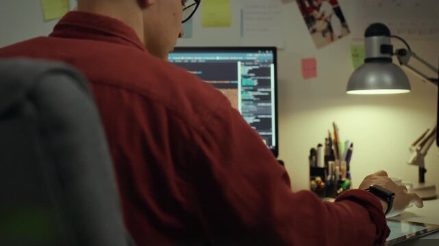 Technologies. An experienced specialist, using intelligence programs, making edits at computer monitor. An ambitious student corrects the program code, creates artificial intelligence, web development