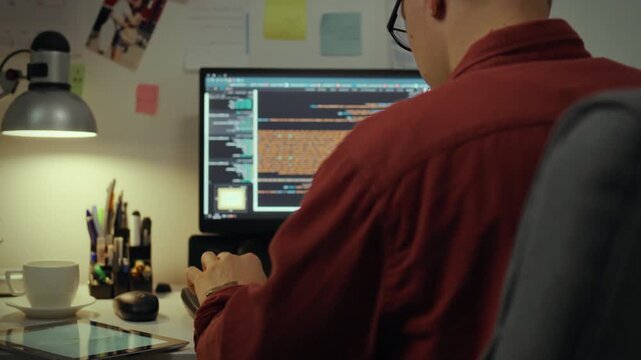 Screen. Man with glasses using technology focused development optimization algorithms in home office. In slow motion European young man debugging program code uses artificial intelligence, programmer